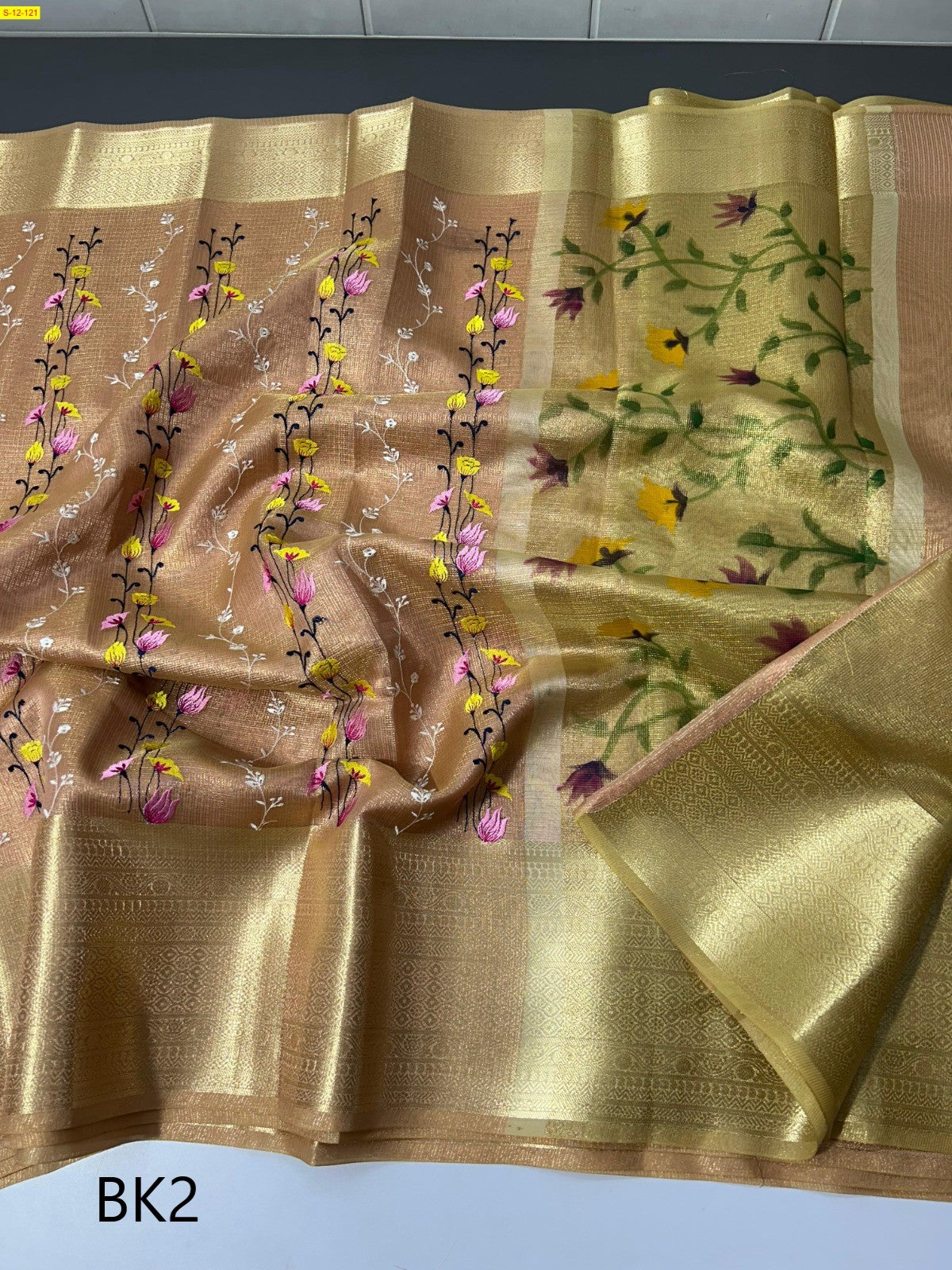 Banarasi Kota tissue hand brush print with embroidery Sarees