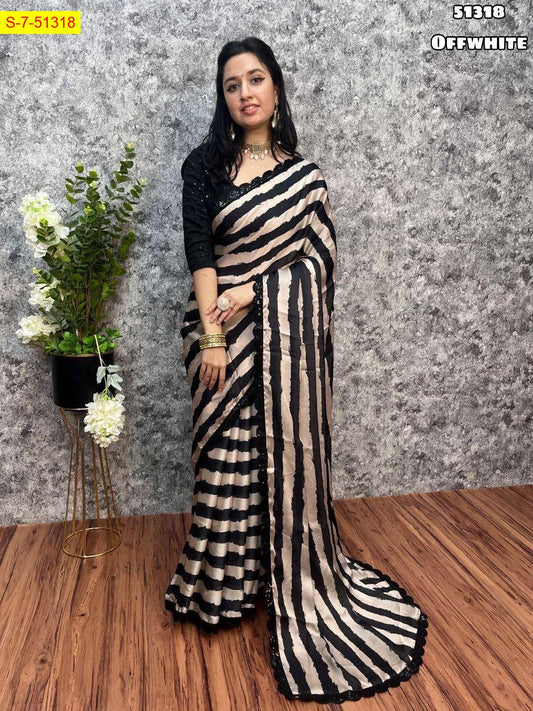 Georgette satin black & white digital printed saree  - Inspired from actress kajal