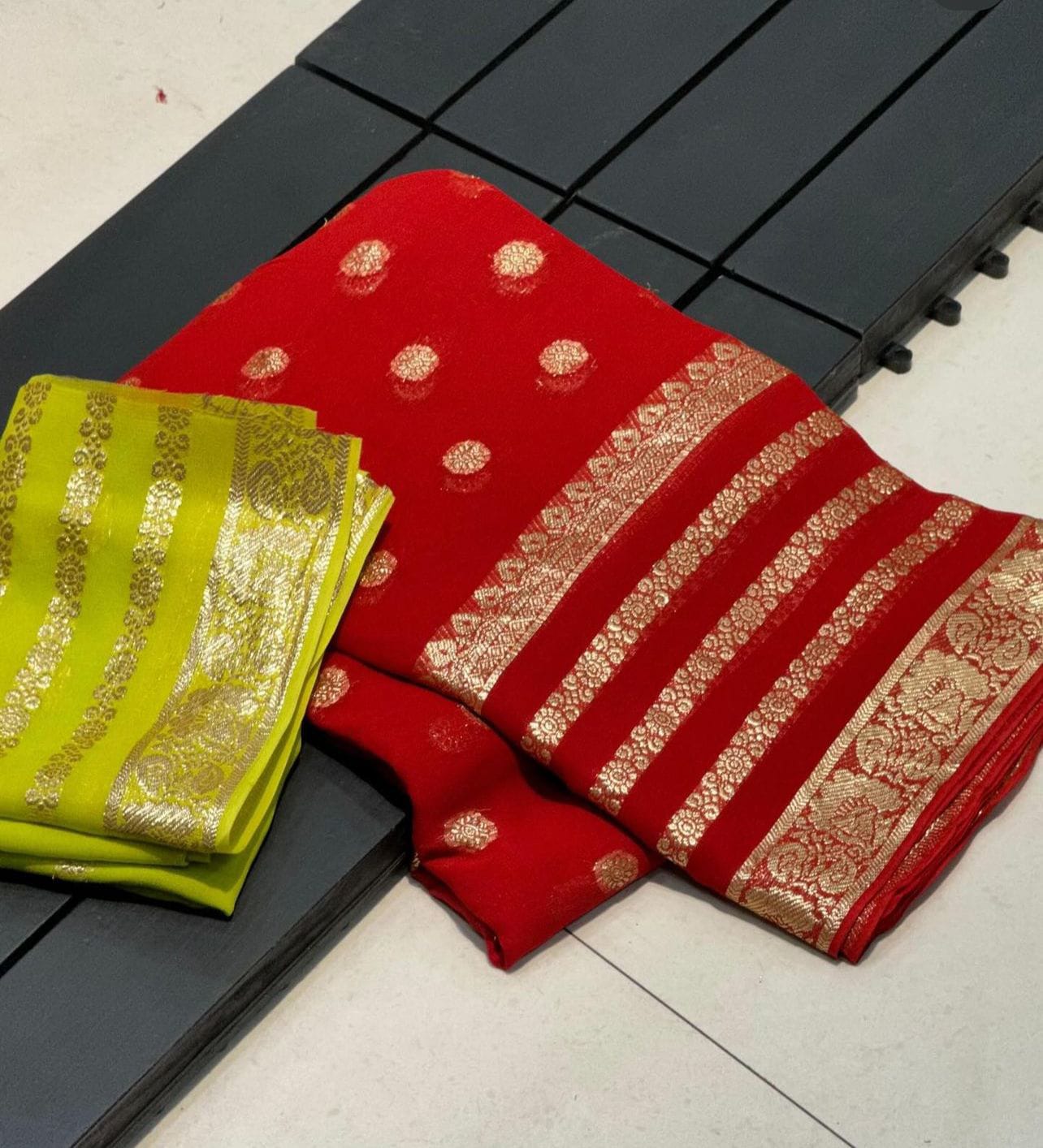 Pure Viscose Georgette Weaving Jacquard Saree With Contrast Color Blouse