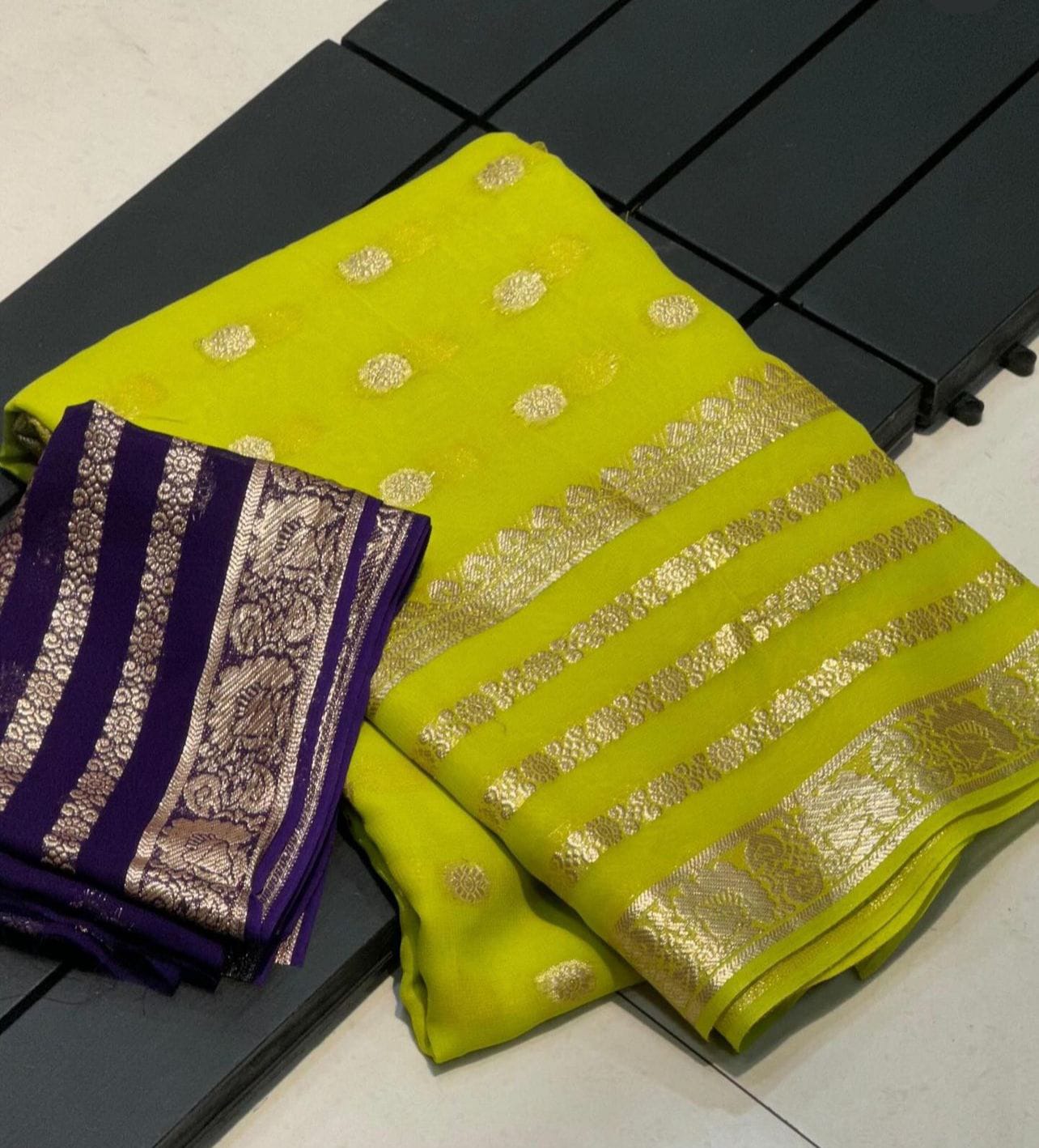 Pure Viscose Georgette Weaving Jacquard Saree With Contrast Color Blouse