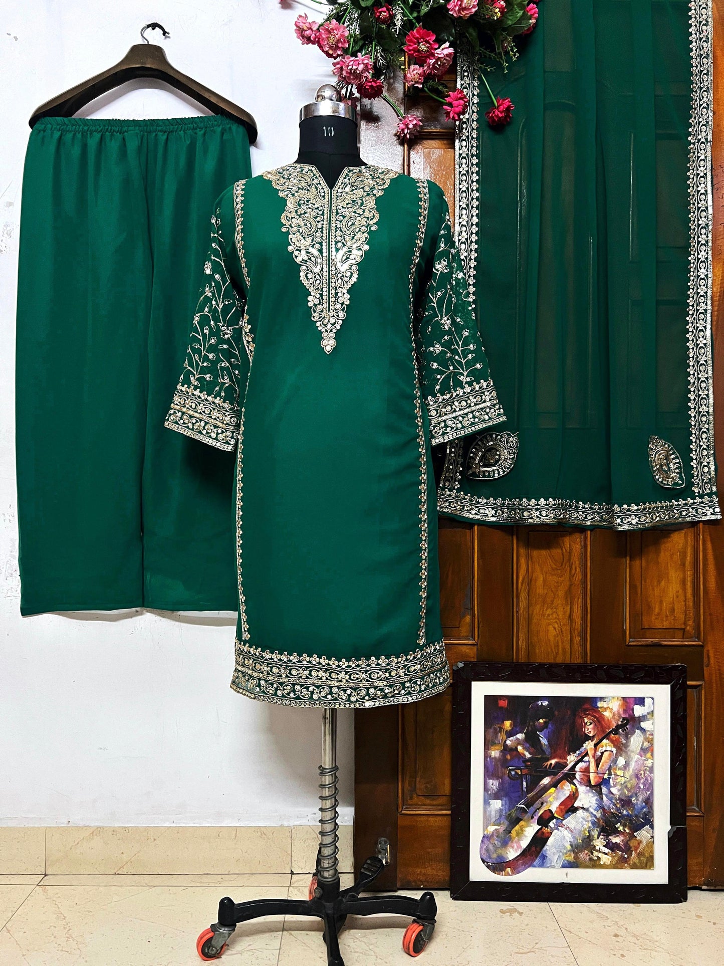 KURTI-PLAZZO SET IN GEORGETTE FABRIC AND FANCY SEQUINS, ZARI EMBROIDERY WORK