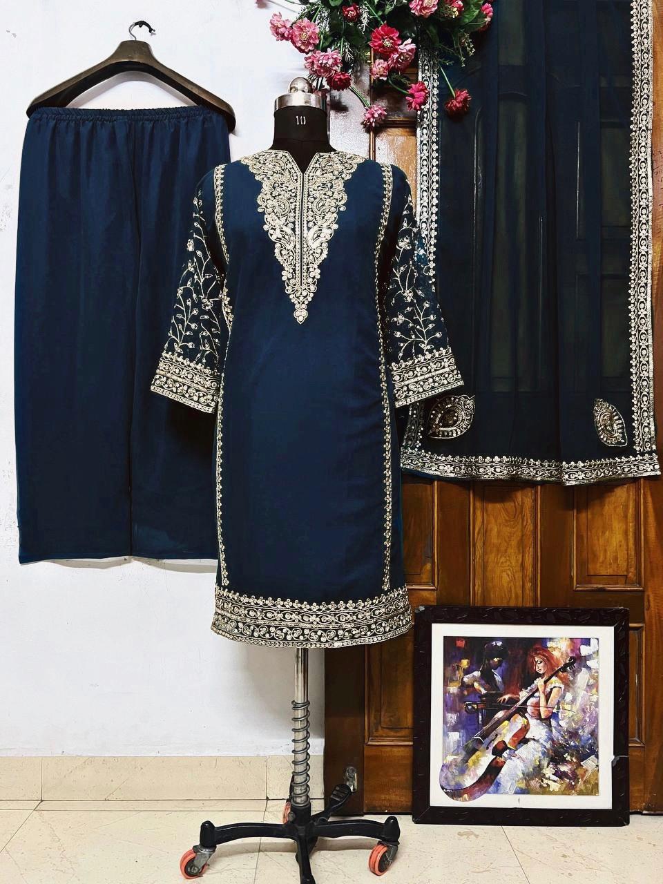 KURTI-PLAZZO SET IN GEORGETTE FABRIC AND FANCY SEQUINS, ZARI EMBROIDERY WORK