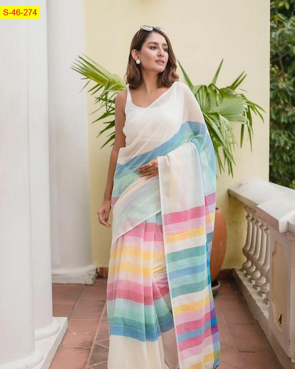 Multi color Linen cotton sarees