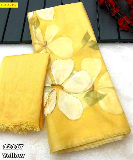 Organza hand painted brush printed saree