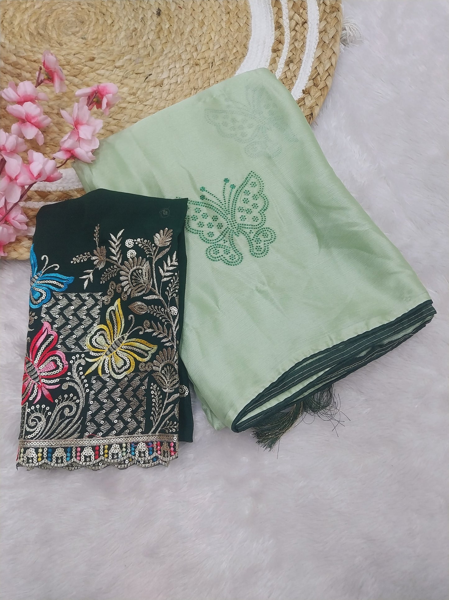 Kiwi Crush fabric very soft fabric with beautiful sirowski work butterfly design allover saree