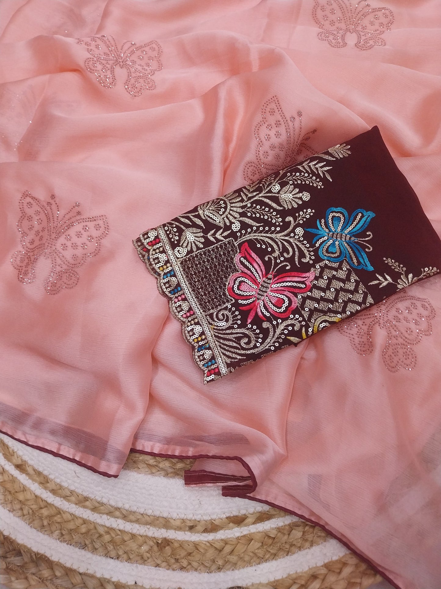 Kiwi Crush fabric very soft fabric with beautiful sirowski work butterfly design allover saree