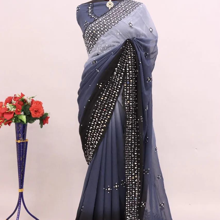 Heavy Soft Georgette With Embroidery C Pallu Work & 4000+ Real Mirror Work On Saree