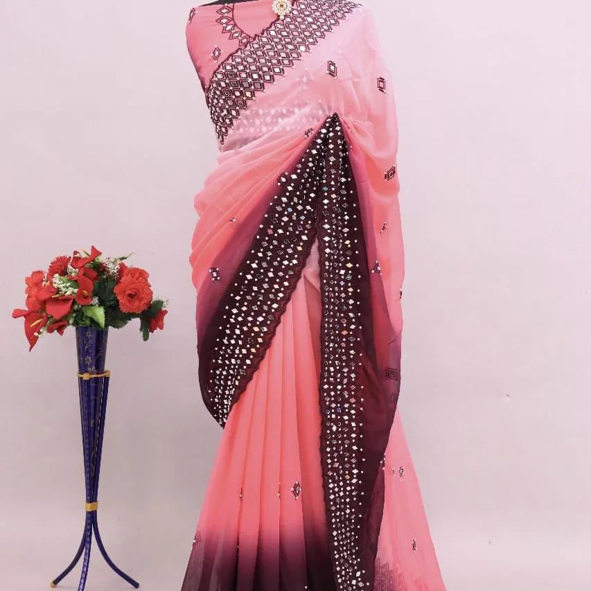 Heavy Soft Georgette With Embroidery C Pallu Work & 4000+ Real Mirror Work On Saree