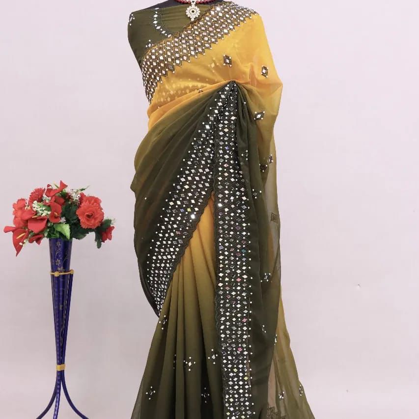 Heavy Soft Georgette With Embroidery C Pallu Work & 4000+ Real Mirror Work On Saree