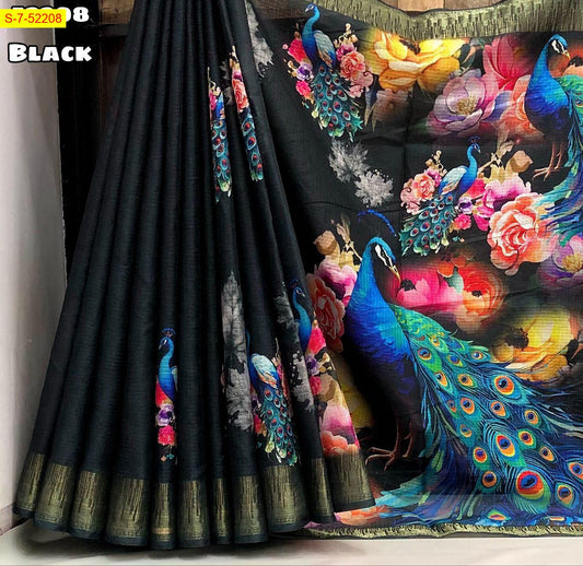 Peacock design digital print with temple design weaving border Kota Sarees