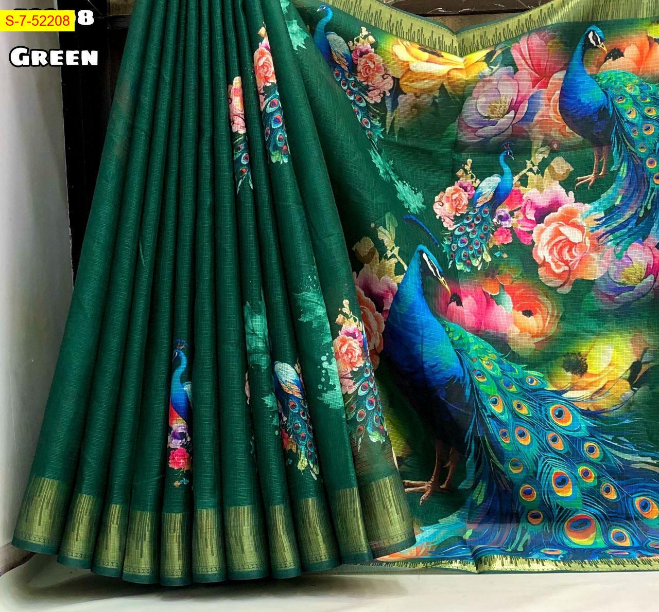 Peacock design digital print with temple design weaving border Kota Sarees