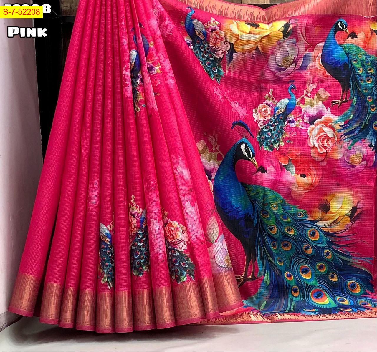 Peacock design digital print with temple design weaving border Kota Sarees