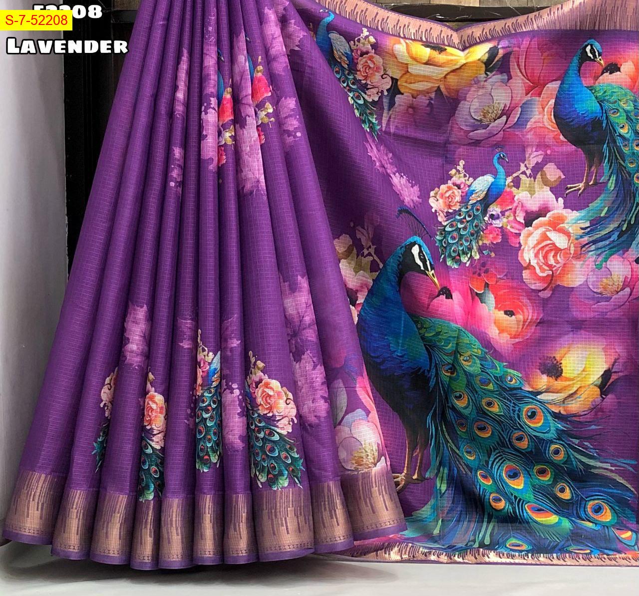 Peacock design digital print with temple design weaving border Kota Sarees