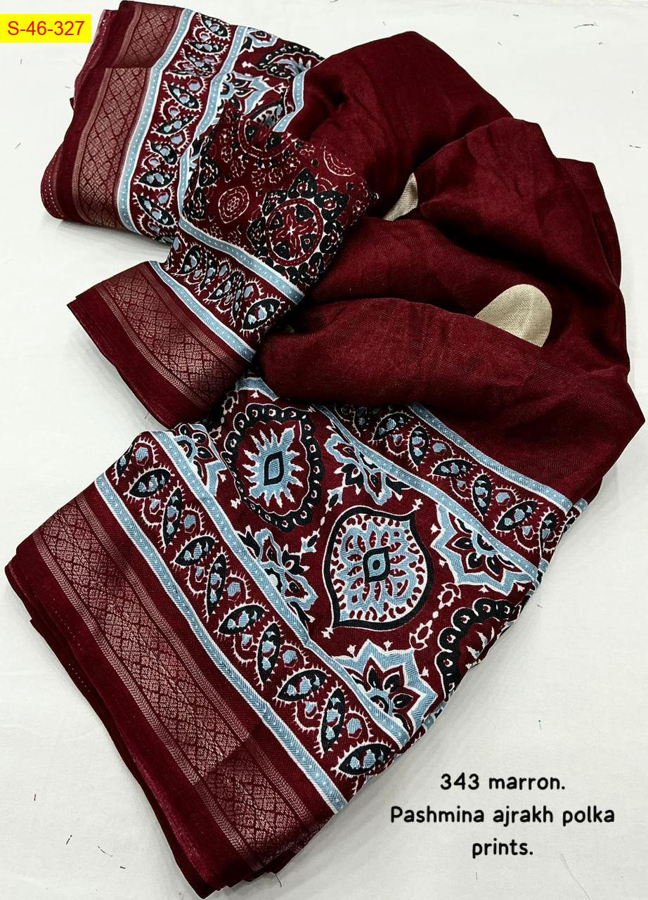 Soft pashmina ajrakh polka printed sarees