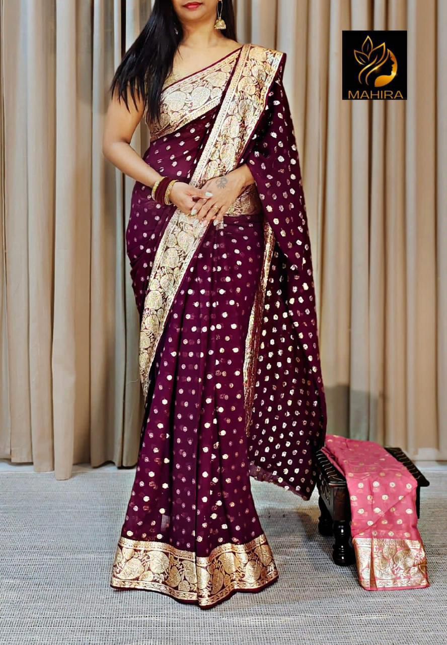 Pure Viscose Georgette Saree With Contrast Running Blouse !