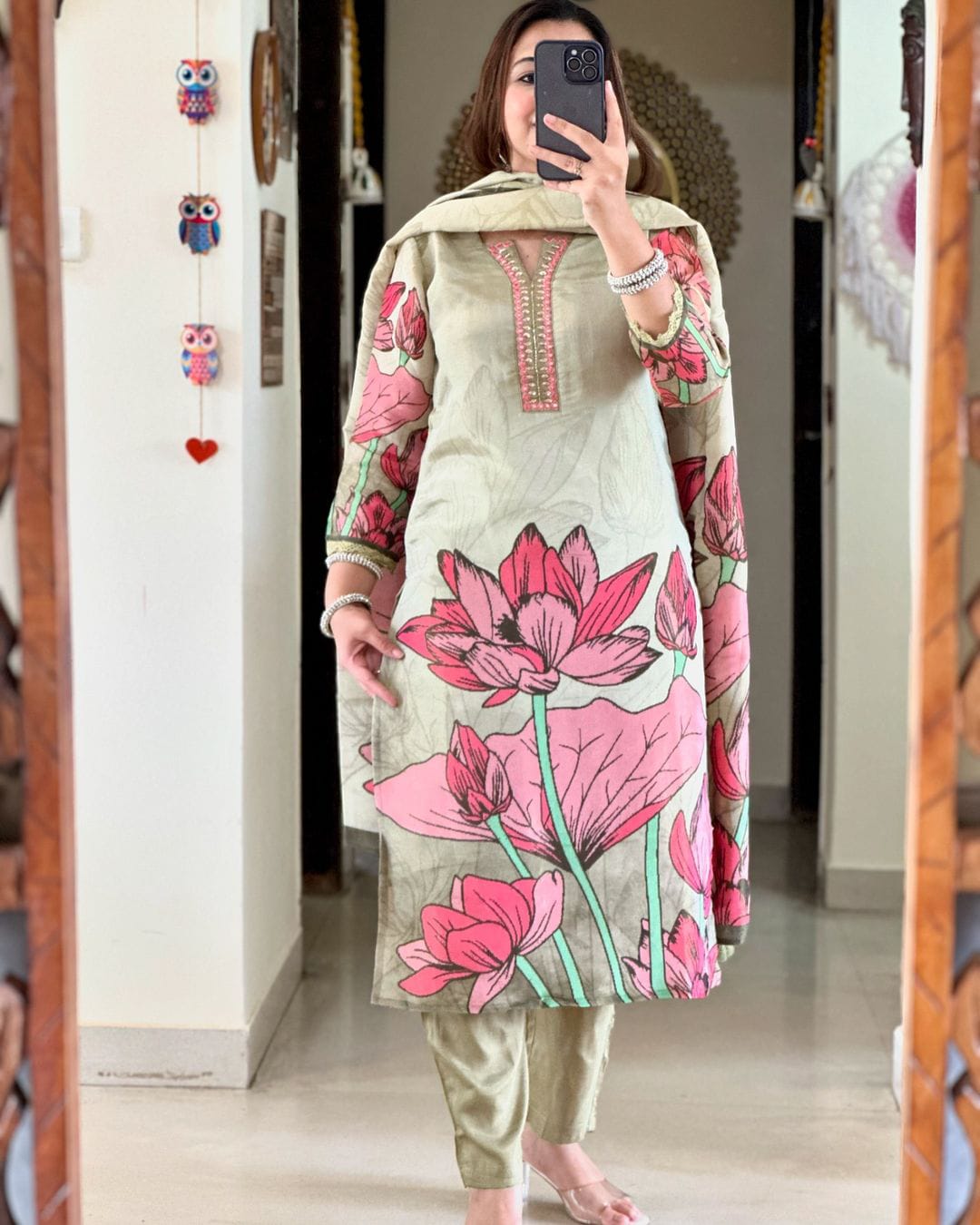 WOMEN FLORAL STRAIGHT MIRROR WORKED KURTI PANTS SET WITH DUPATTA